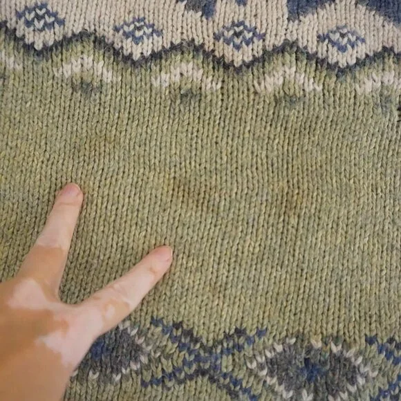 Vintage St Johns Bay Green Cream Fair Isle Snowflake Nordics Wool Knit Sweater L - Picture 6 of 10